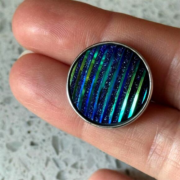 Blue Green Iridescent Ginger Snap Round Pendant Charm Bracelet Necklace - Picture 2 of 4